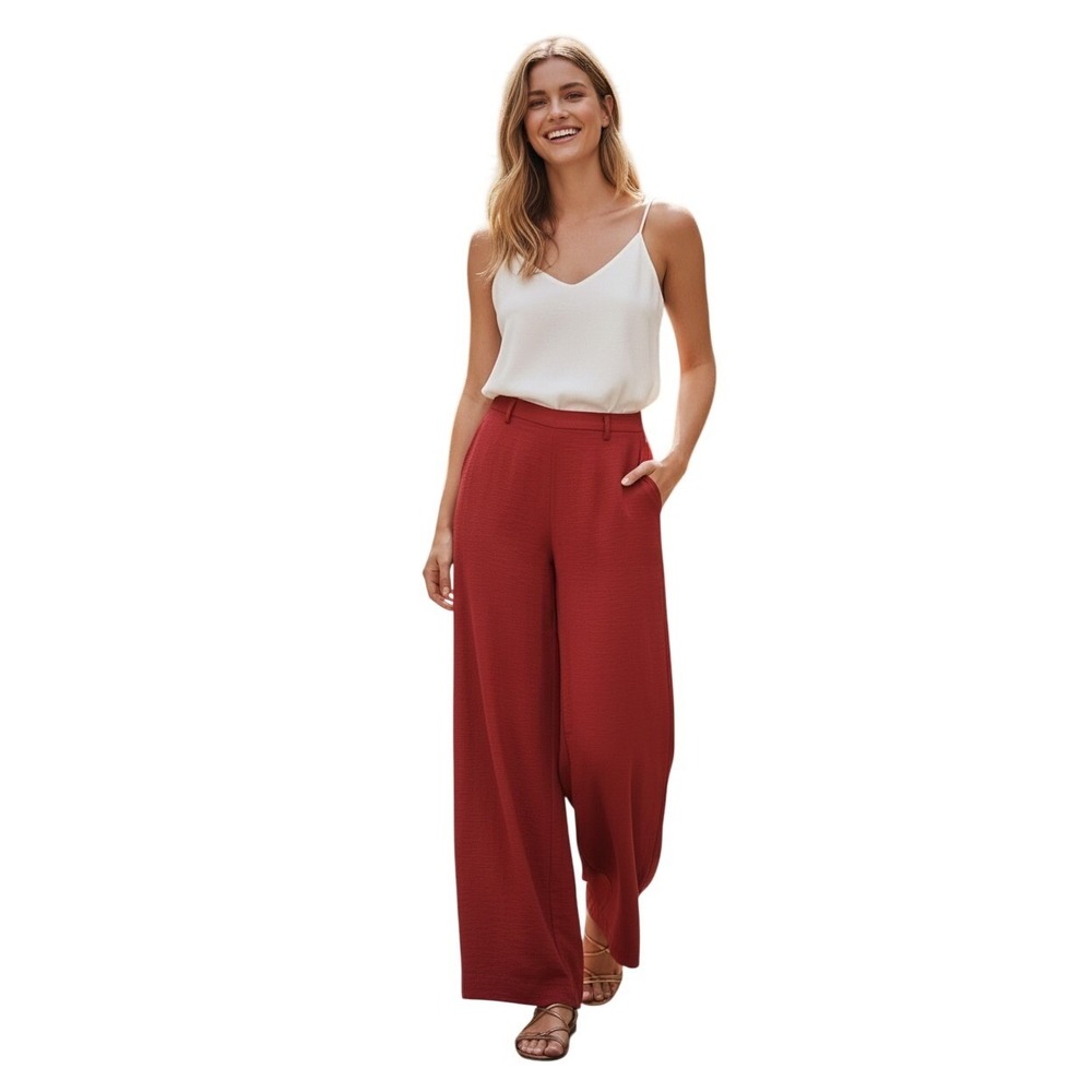 Maeve Anthropologie Red Wide Leg Viscose High Rise‎ Trousers W24/25x32 Tall